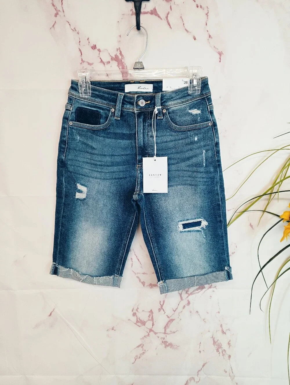 NWT Kancan Bermuda Denim Shorts Size 5/26 Distressed Stretch Cuffed